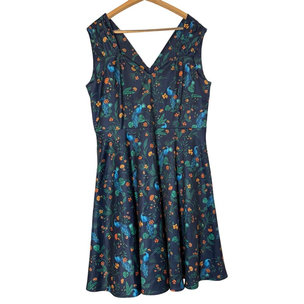Voodoo Vixen fit flare knee length navy peacock print dress. Size 3XL. retro